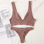 Women Seamless Bra And Panties Set Sexy Ribbed Bra Top Low Waist Thongs Wire-free Brassiere No Pads Comfort Intimates M-XL