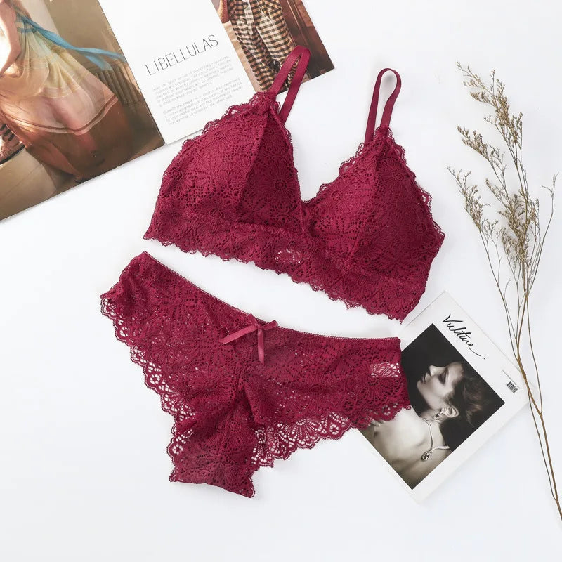 Women Floral Lace Bra And Panties Set Wire Free Bralette Low Rise Briefs Sexy Lingerie Set Ladies Lace Underwear Set