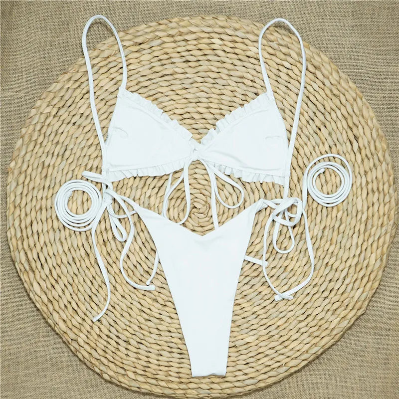 Sexy Ruffle Frilled Micro Thong Bikini 2025 Women Swimwear Female Swimsuit Two-pieces Bikini set String Bather Bathing Suit Swim