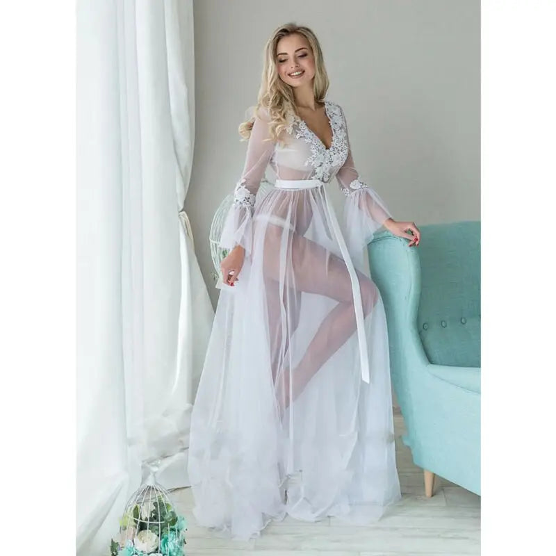 Fashion Sexy Women SolidMesh Lace V neck Sleepwear Babydoll See Through Ladies Floral Nightwear Robes