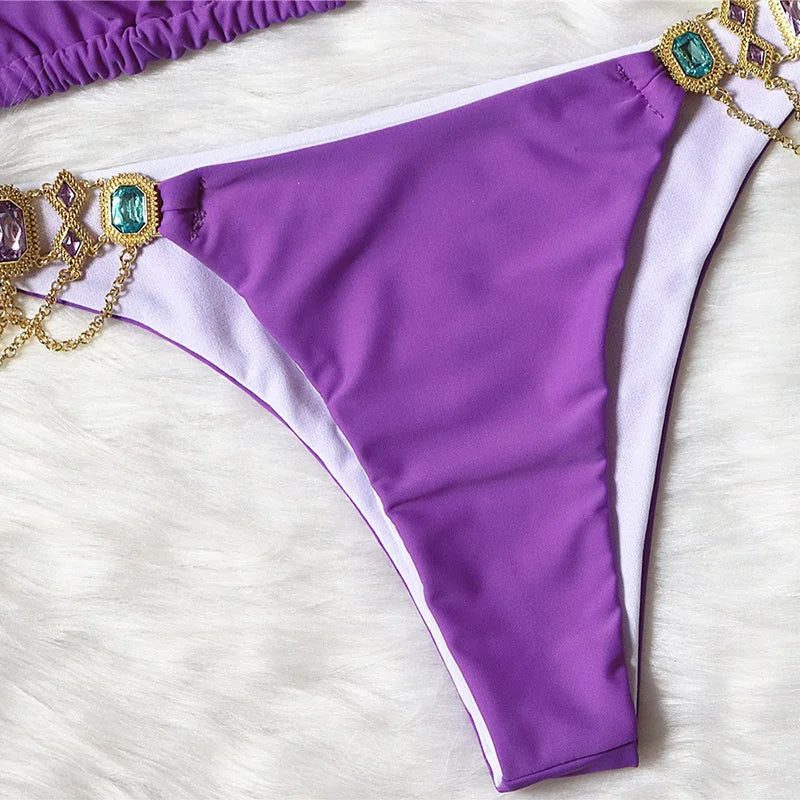 Halter Metal Chains Rhinestone Diamond Bikini Women Swimsuit Female Swimwear Two Pieces Bikini set Brazilian Bathing Suit Swim