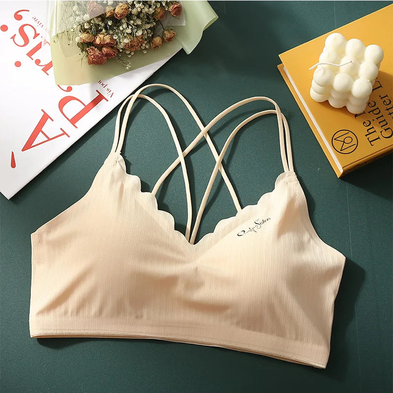 Scalloped Wave V Neck Rib Bralette Women Underwear Fixed Thin Shoulder Straps Detachable Heart Shape Foam Pads Lounge Inner Bra