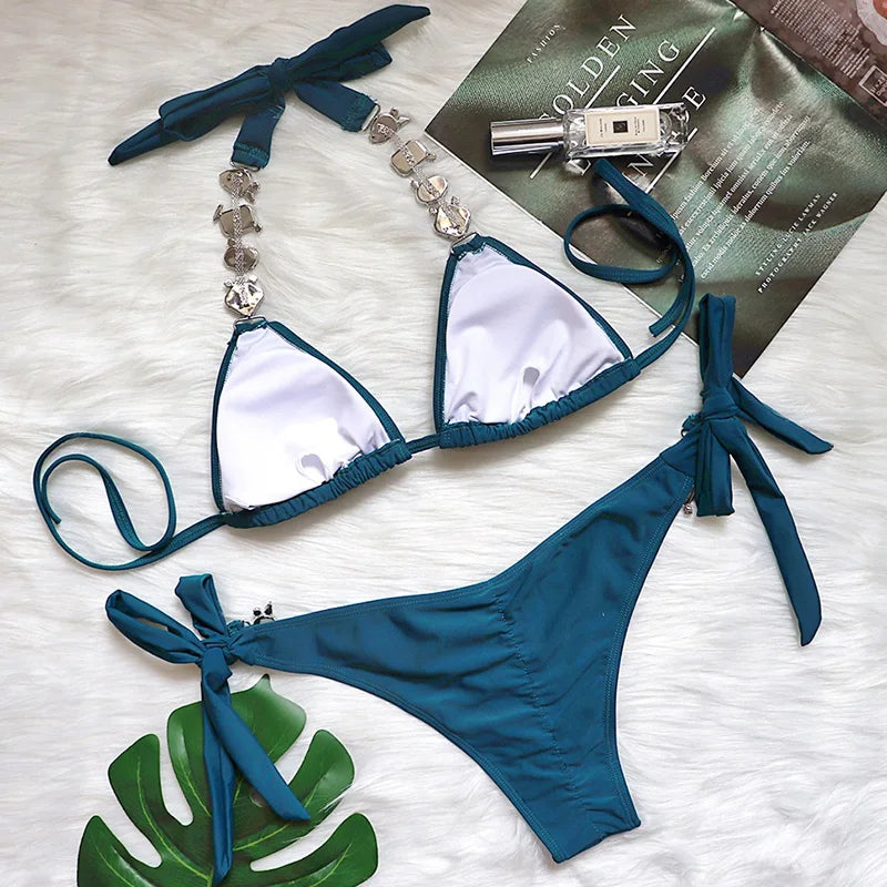 Halter Rhinestone Diamond Bikini Women Swimsuit Female Bikinis Metal Chain Swimwear Two Pieces Bikini Set Bathing Suit Swim Lady