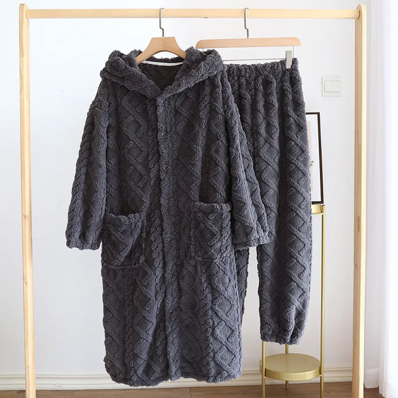 Winter Couple Flannel Pajamas Set Long Thickened Suit with Long-Sleeved Hooded Tops And Pants for Men /Women Home Comfort Wear
