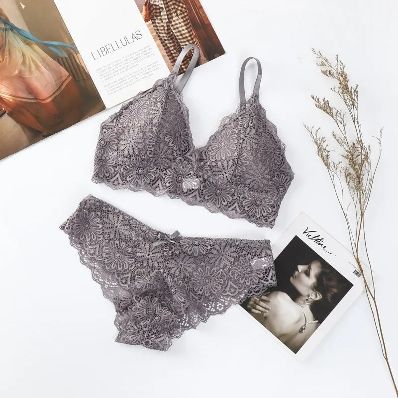 Women Floral Lace Bra And Panties Set Wire Free Bralette Low Rise Briefs Sexy Lingerie Set Ladies Lace Underwear Set