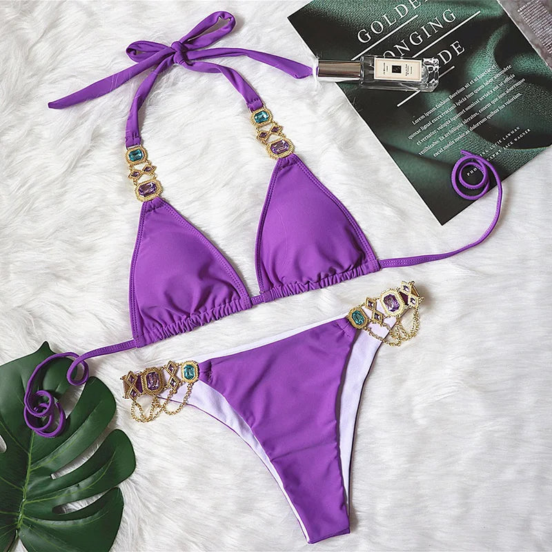 Halter Rhinestone Diamond Bikini Women Swimsuit Female Bikinis Metal Chain Swimwear Two Pieces Bikini Set Bathing Suit Swim Lady
