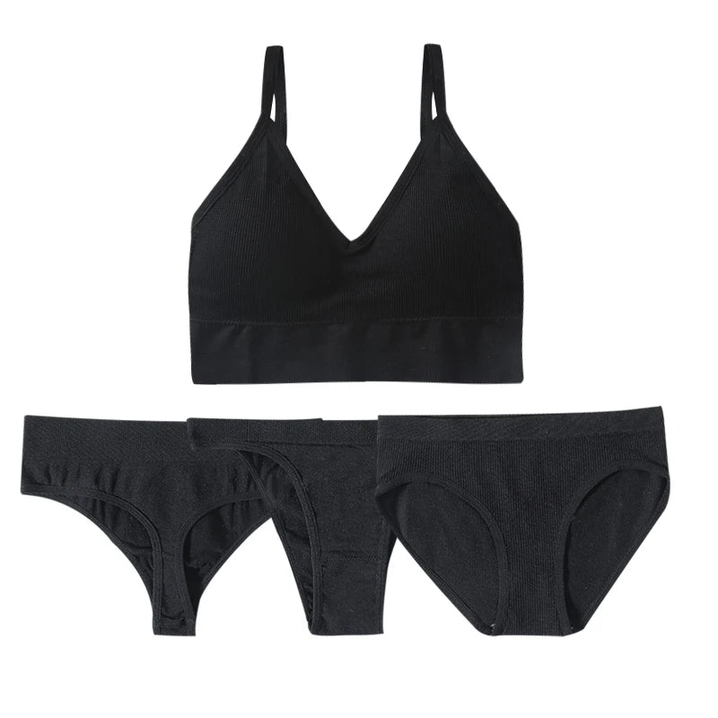 4pcs/set Women Underwear Set Active Wear Bra Top Female U Back Sports Bra And Panties Set G-String Thongs Sexy Lingerie