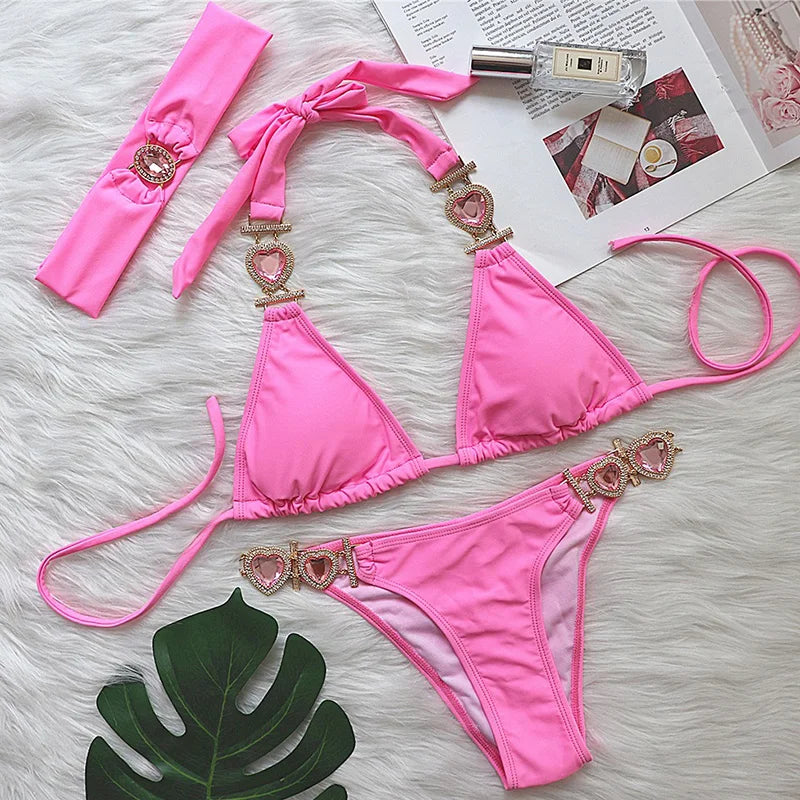 Halter Rhinestone Diamond Bikini Women Swimsuit Female Bikinis Metal Chain Swimwear Two Pieces Bikini Set Bathing Suit Swim Lady