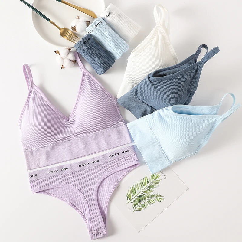 Women Seamless Bra Panties Set Sexy Thongs Sports Bra Crop Top Female Sexy Lingerie Set Fitness Stretchy Underwear Set