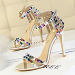 BIGTREE Shoes Color Rivets Women Sandals Roman Style Heeled Sandals Hollow Out High Heels Stiletto Sexy Party Shoes Sandals
