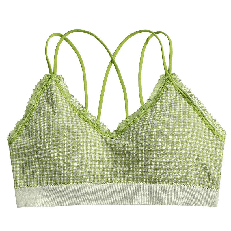 Gingham Lace Cross-Back Bralette Wireless Wrap Bra Sexy Lingerie Stretchy Beauty Cross Back Underwear Plaid Lace Trim Tube Bra