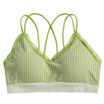 Gingham Lace Cross-Back Bralette Wireless Wrap Bra Sexy Lingerie Stretchy Beauty Cross Back Underwear Plaid Lace Trim Tube Bra
