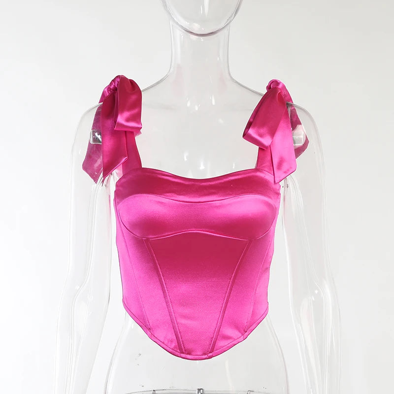 Women's Stain Bustier Tops Solid Color Bow Tie Strap Sleeveless Boned Corset Tops Summer Streetwear Tank Tops
