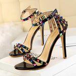 BIGTREE Shoes Color Rivets Women Sandals Roman Style Heeled Sandals Hollow Out High Heels Stiletto Sexy Party Shoes Sandals