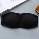 Women Ribbed Strapless Bandeau Bra Anti-Slip Ruched Tube Top Bra Removable Breathable Pads Adjustable Back Hooks One Size