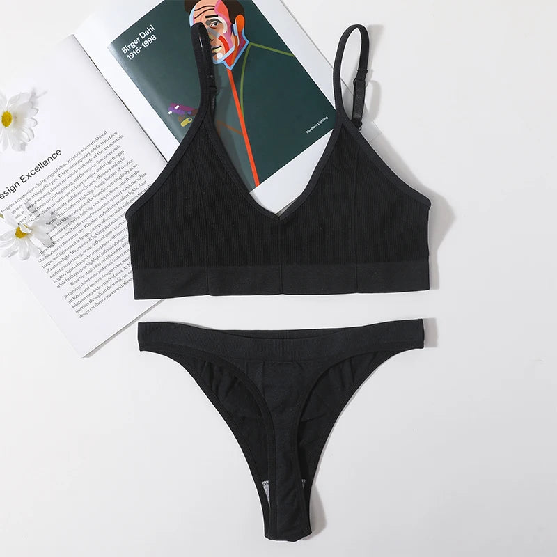 Women Seamless Bra And Panties Set Low Rise Thongs U-Shape Back Crop Top Bralette Comfort Sport Underwear Sexy Lingerie Set