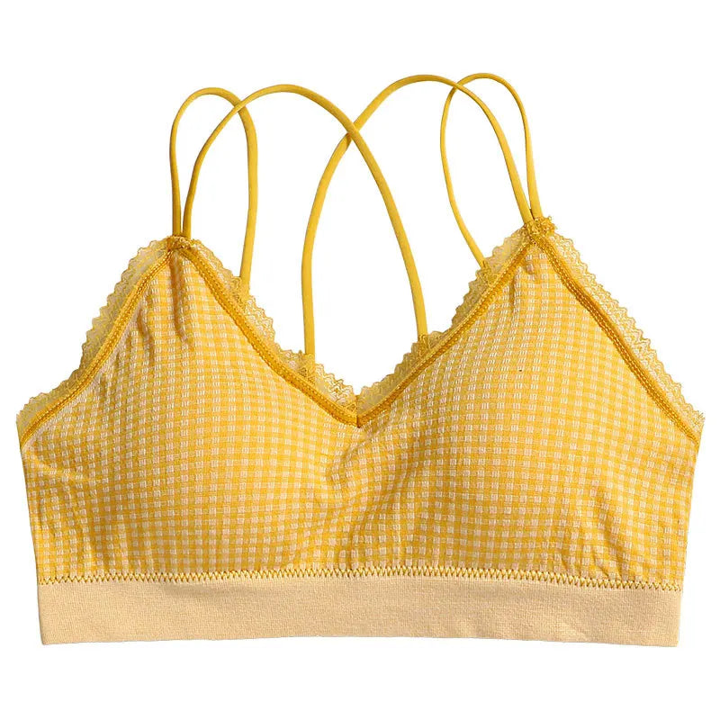 Gingham Lace Cross-Back Bralette Wireless Wrap Bra Sexy Lingerie Stretchy Beauty Cross Back Underwear Plaid Lace Trim Tube Bra