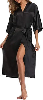 Sexy women extra long bathrobe Silky Satin robe Charming Women's Lengthened Casual Bathrobe Long Sleeved Robe Homewear