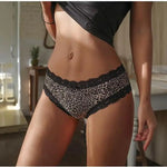 Women's Sexy Leopard Print Lace Panties with Elastic Waistband Seamless Underpants Cotton Crotch T-Pants Thong Briefs