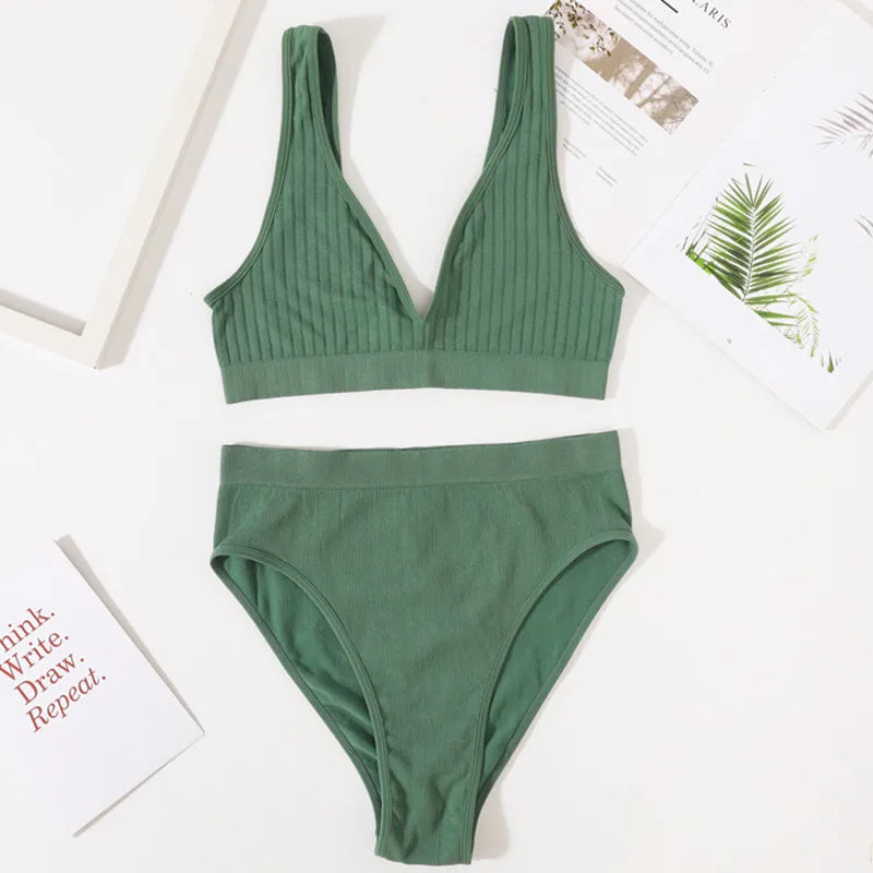Women Ribbed V-Neck Unpadded Bra High Waist High Cut Briefs Set Wireless Bralette Soft Stretch Panties Sexy Lingerie Set S-L