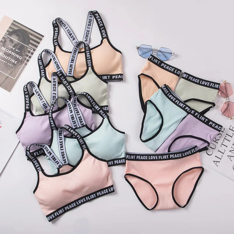 Soft Stripe Cotton Women's Underwear Set Sexy Beauty Back Tops Letter Print Shoulder strap Bralette With Panties 2-pieces Suit