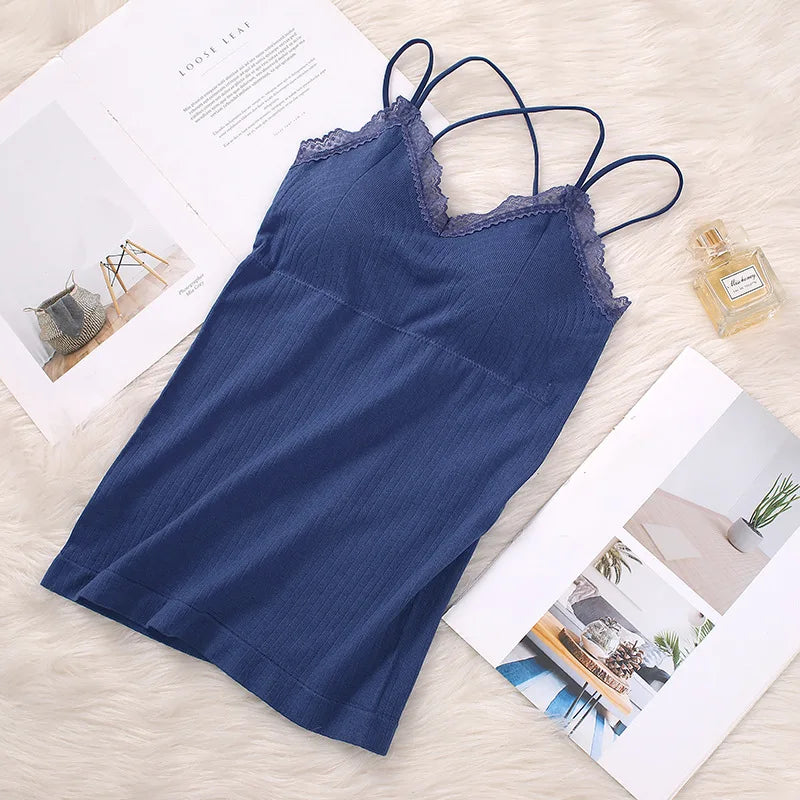 Women Vertical Rib Long Camisole With Crisscross Thin Straps Romantic Lace Trim V Neck Built-In Chest Pads Daily Inner Sling Top