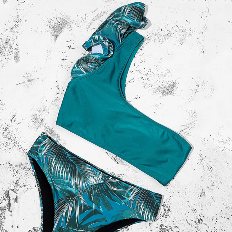ZTVitality Ruffles One Shoulder Sexy Bikinis 2025 New Arrival Padded Leaves Swimsuit High Waist Swimwear Women Brazilian Bikini