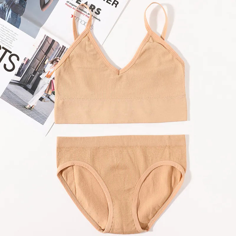 Women Seamless Bra And Panties Set U Back Bra Crop Top Sexy Lingerie Set No Pads Brassiere Low Rise Briefs Ladies Underwear Set