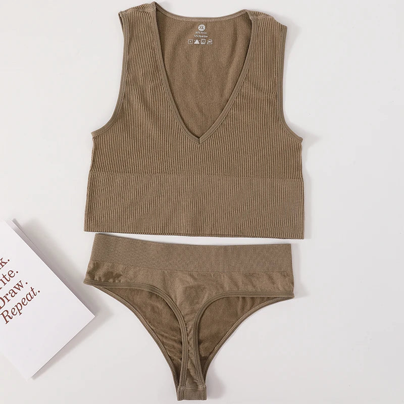 Sexy Women Bra Set Seamless Underwear High Waist Thongs Fashion Bralette Ribbed Tops Brassiere Basic Crop Top Female Lingerie