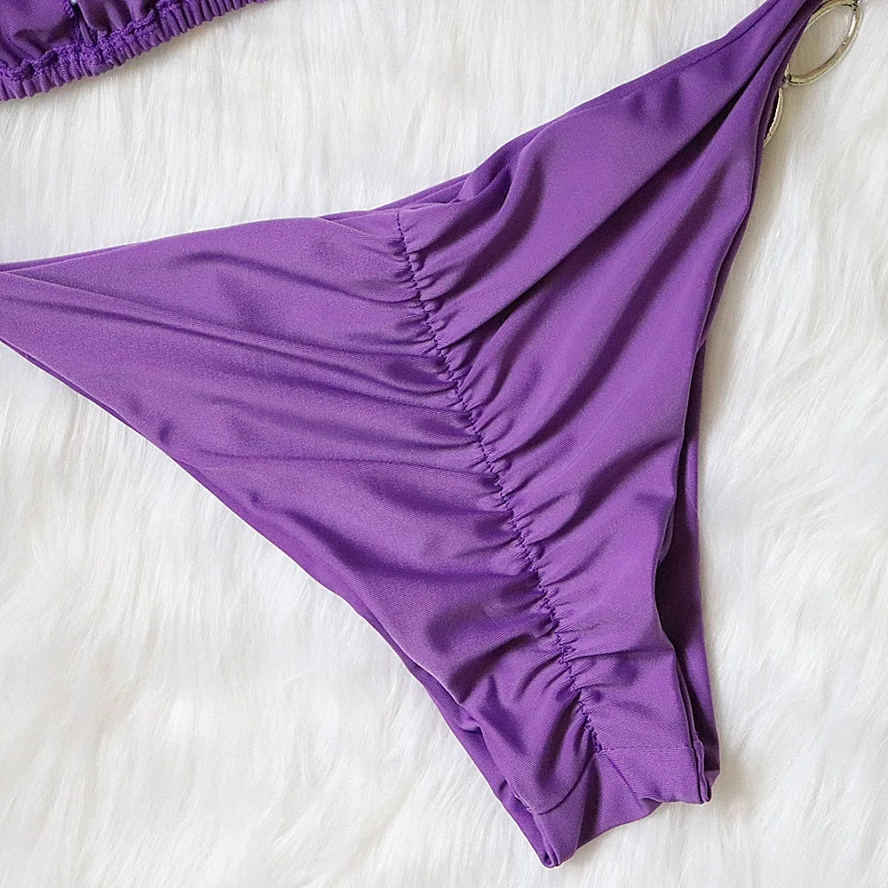 Sexy Rhinestone Bikini 2026 Women Solid Purple Metal Chain Swimsuit Brazilian Summer Beach Bathing Suit Luxury Thong Swimwear