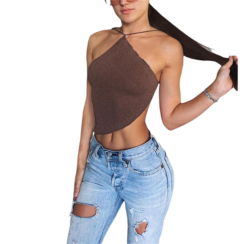 Summer Ladies Sexy Backless Chest Wrap Women Solid Color Hanging Neck Lace-Up Sleeveless Knitted Camisole Irregular Hem Top