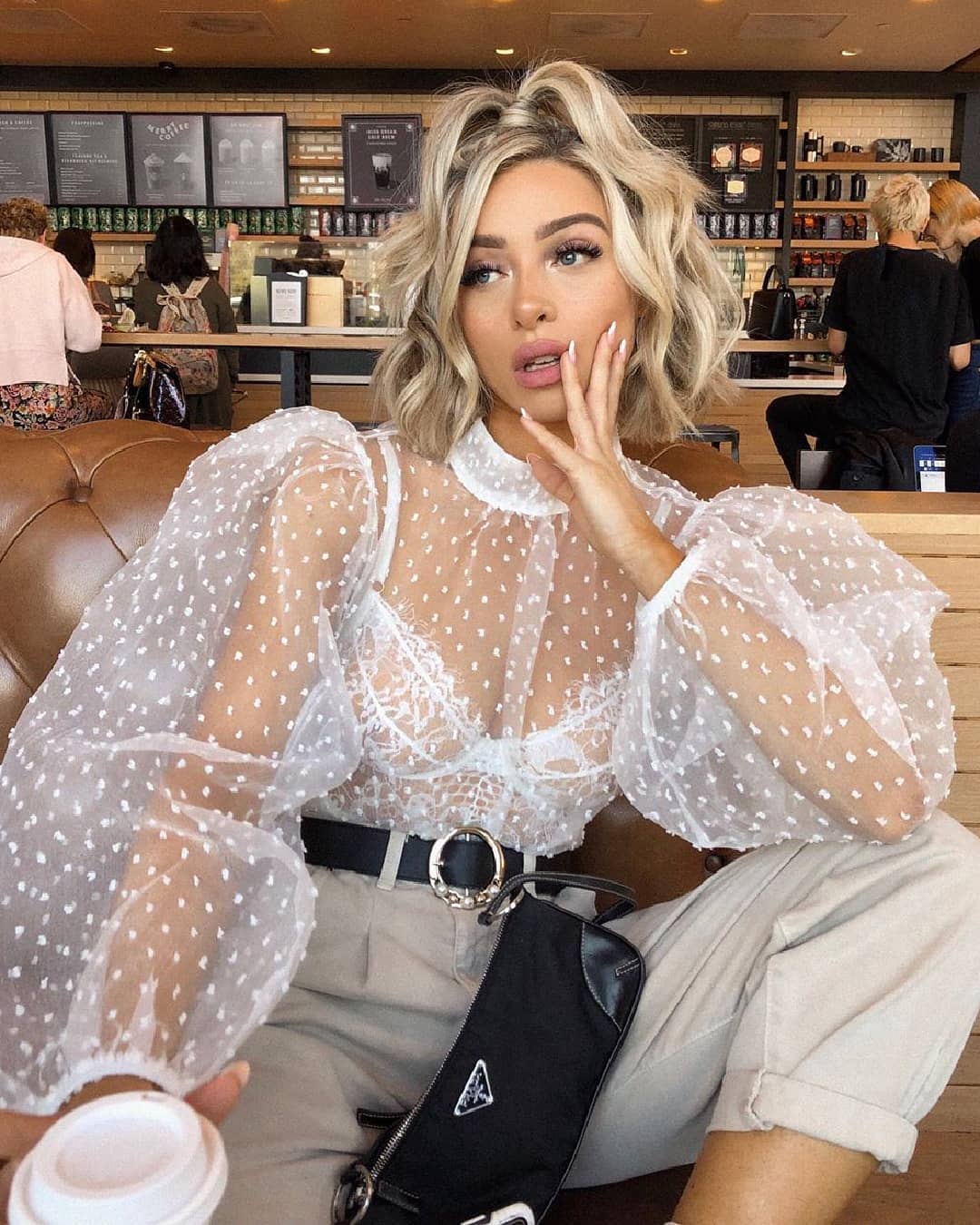 Fashion Women Polka Dot Mesh Blouse Puff Long Sleeve Loose Shirts Sexy Elegant Vintage See Through Cover-ups Tops Summer Fall