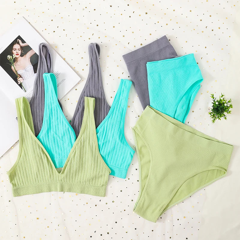 Women Ribbed V-Neck Unpadded Bra High Waist High Cut Briefs Set Wireless Bralette Soft Stretch Panties Sexy Lingerie Set S-L
