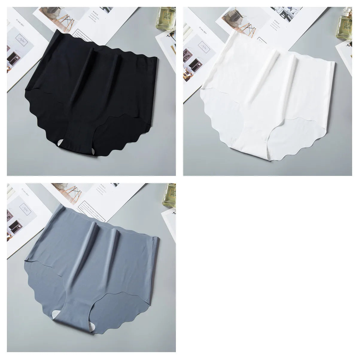 3Pcs/Set Women Ice Silk Panties Wavy Trim Seamless Underwear High Waist Panty No Show Briefs Invisible Ladies Lingerie M-XXL