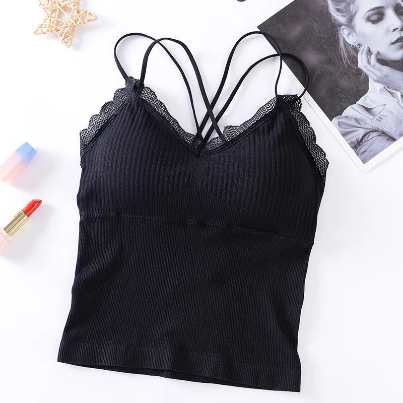 Summer Tank Top Women Crop Tops Sexy Lingerie Beauty Back Seamless Underwear Lace Bralette Camis Female Padded Camisole Femme