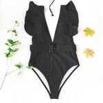 Sexy One Piece Swimsuit 2025 White Deep-V Neck Swimwear Women Black Beach High Cut Ruffles Monokini Buckle Bathing Suit Bodysuit