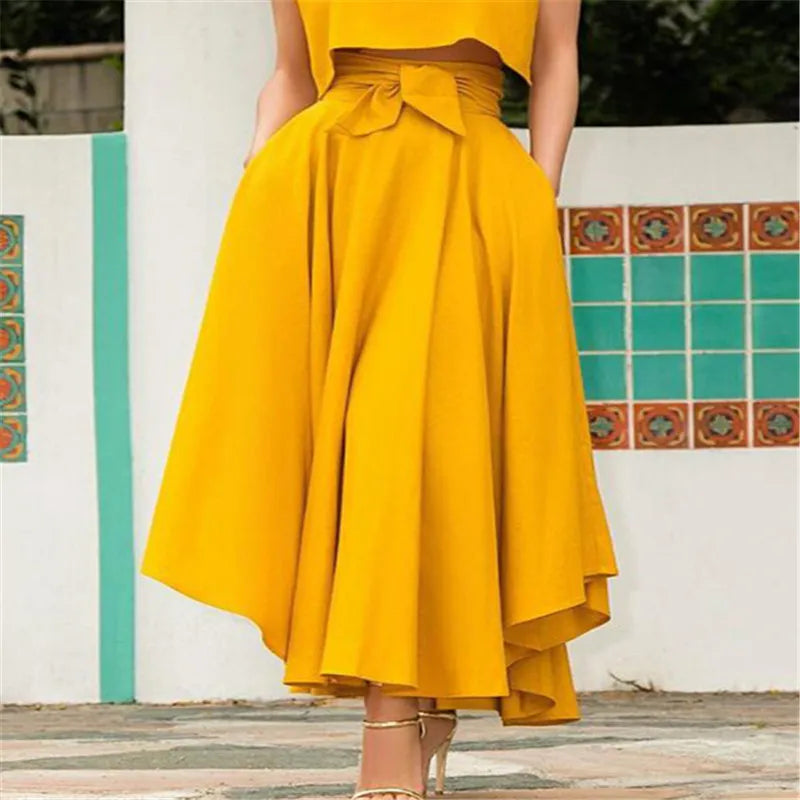 Fashion Women's Ladies Solid Color Bandage Pleated Cocktail Party High WaistSummer A Line Skirts With Pocket