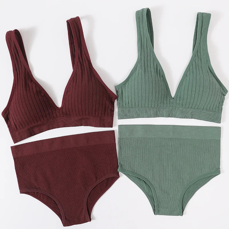 Women's Seamless Bra Panties Set Female Wirefree Brassiere Top Sports Underwear High Waist Briefs V Neck Sexy Lingerie Set