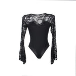 Bodysuits Women Top Fashion V Neck Lace Skinny Lingerie Leotard Black Mesh Salopette Teddy Femme Horn Sleeves Rompers Jumpsuits