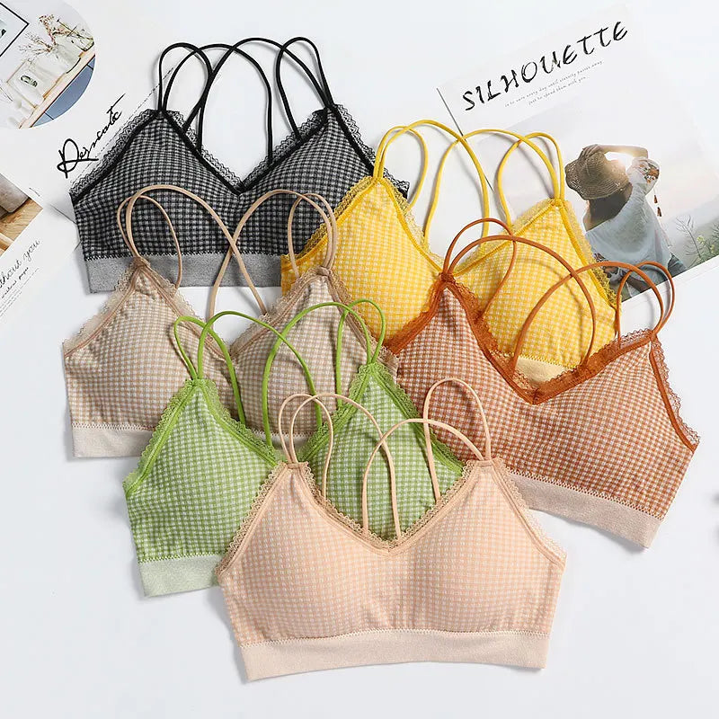 Gingham Lace Cross-Back Bralette Wireless Wrap Bra Sexy Lingerie Stretchy Beauty Cross Back Underwear Plaid Lace Trim Tube Bra