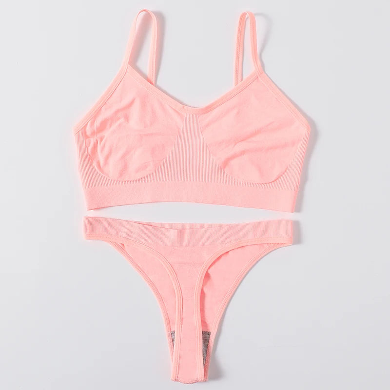 Women Ribbed Bra And Panties Set Seamless Bra Low Rise Thongs Sexy Lingerie Set Comfort Wire Free Tops Female Underwear