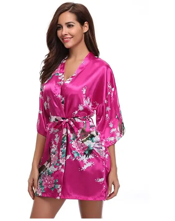 Silk Satin Wedding Bride Bridesmaid Robe Floral Bathrobe Short Kimono Robe Night Robe Bath Robe Fashion Dressing Gown For Women