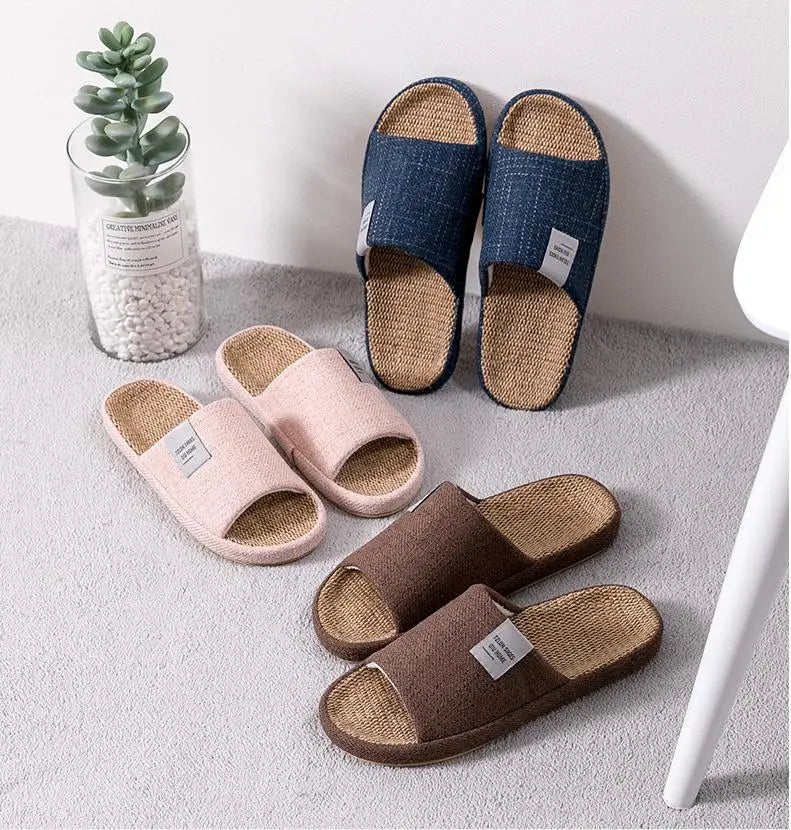 Breathable Flax Slippers Women Men Indoor Mute Slipper Anti-slip Lovers House Floor Shoes SoftLadies Summer Home Slides