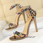 BIGTREE Shoes Color Rivets Women Sandals Roman Style Heeled Sandals Hollow Out High Heels Stiletto Sexy Party Shoes Sandals
