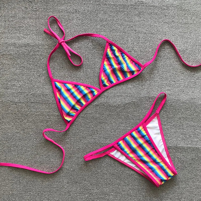 2025 Sexy Long Sleeve Striped Bikini Women Brazilian Swimwear Female Swimsuit 3 Pieces Bikini Set Halter Micro Bathing Suit Swim