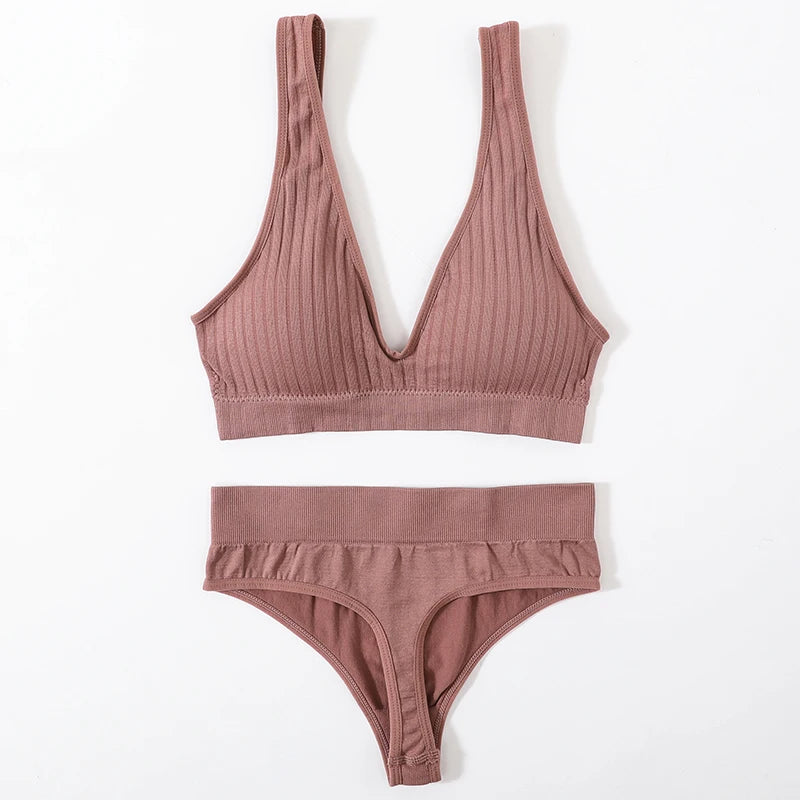 Women Push-Up Bra And Panties Set Sexy Lingerie V-neck Non-wire Bralette with Removable Pads Seamless Crop Top High Waist Thong