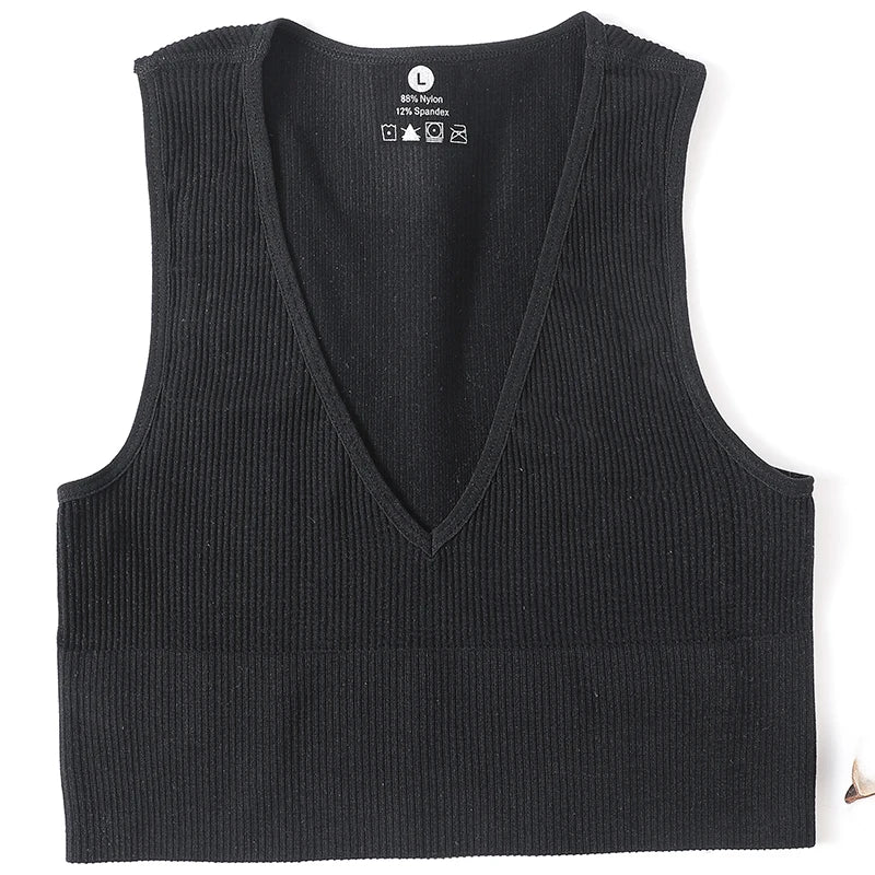 Deep V-Neck Crop Top 18 Colors Slim Fit Tank Stretchy Sleeveless Crop Vest Casual Ribbed Knit Top Low Cut Summer Camisole M-XL