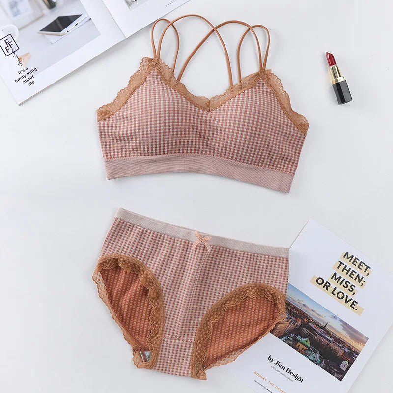 Gingham Lace Trim Bralette & Panty Set Push-Up Bra Plaid Lace Trim Lingerie Set Cross-Back Wireless Women's Underwear Set