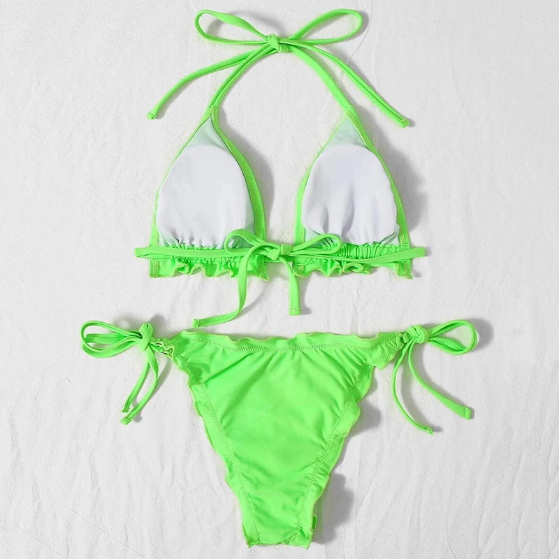 Halter String Ruffled Frilled Bikini 2026 Women Swimsuit Female Swimwear Two Pieces Bikini Set Padded Bather Bathing Suit Swim