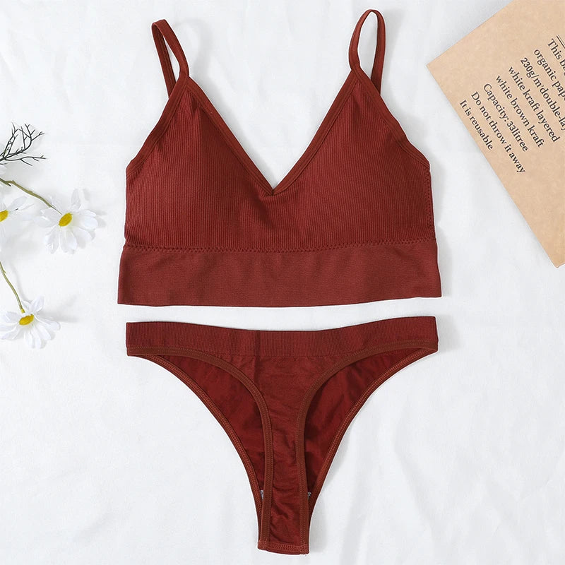 Women Bra And Panties Set U Back Bra Seamless Underwear Sport Cropped Top Low Waist Thongs Sexy Lingerie Set Fitness Crop Top